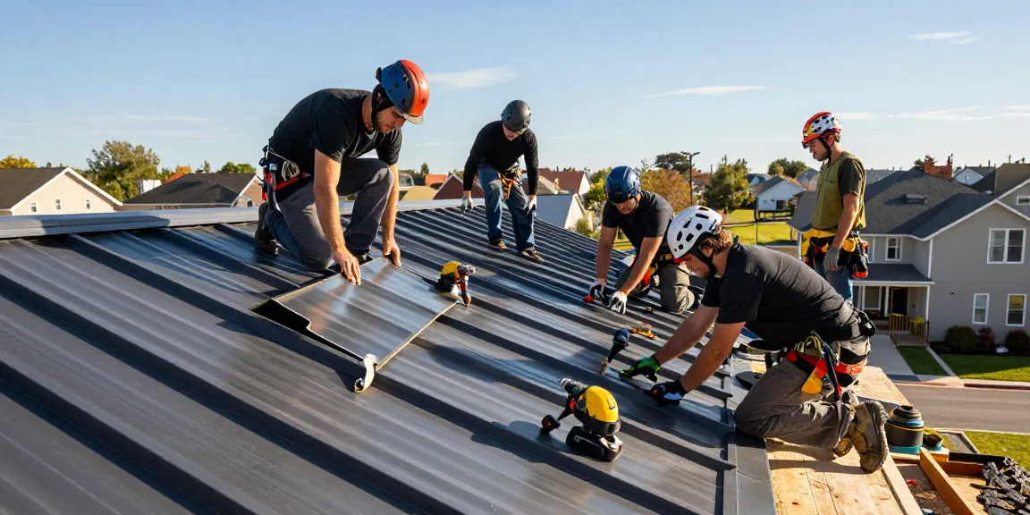Professional roofers installing quality metal roofing; visit website for more details.